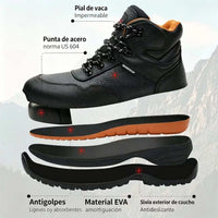 Bota de seguridad corte alto piel de vaca, punta de acero antiimpacto, cómoda para trabajo y actividades al aire libre